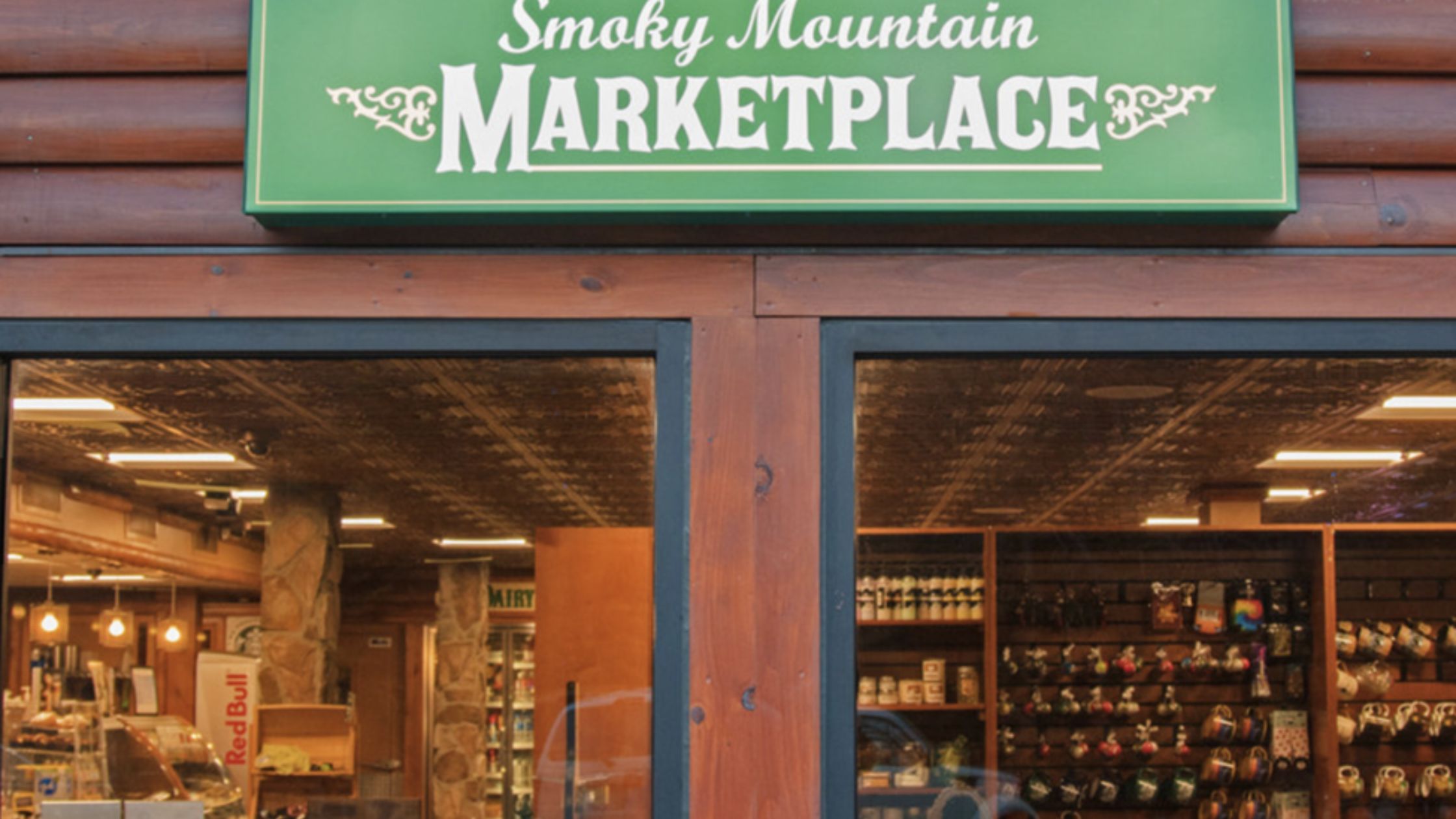 smoky mountain marketplace sign and shop